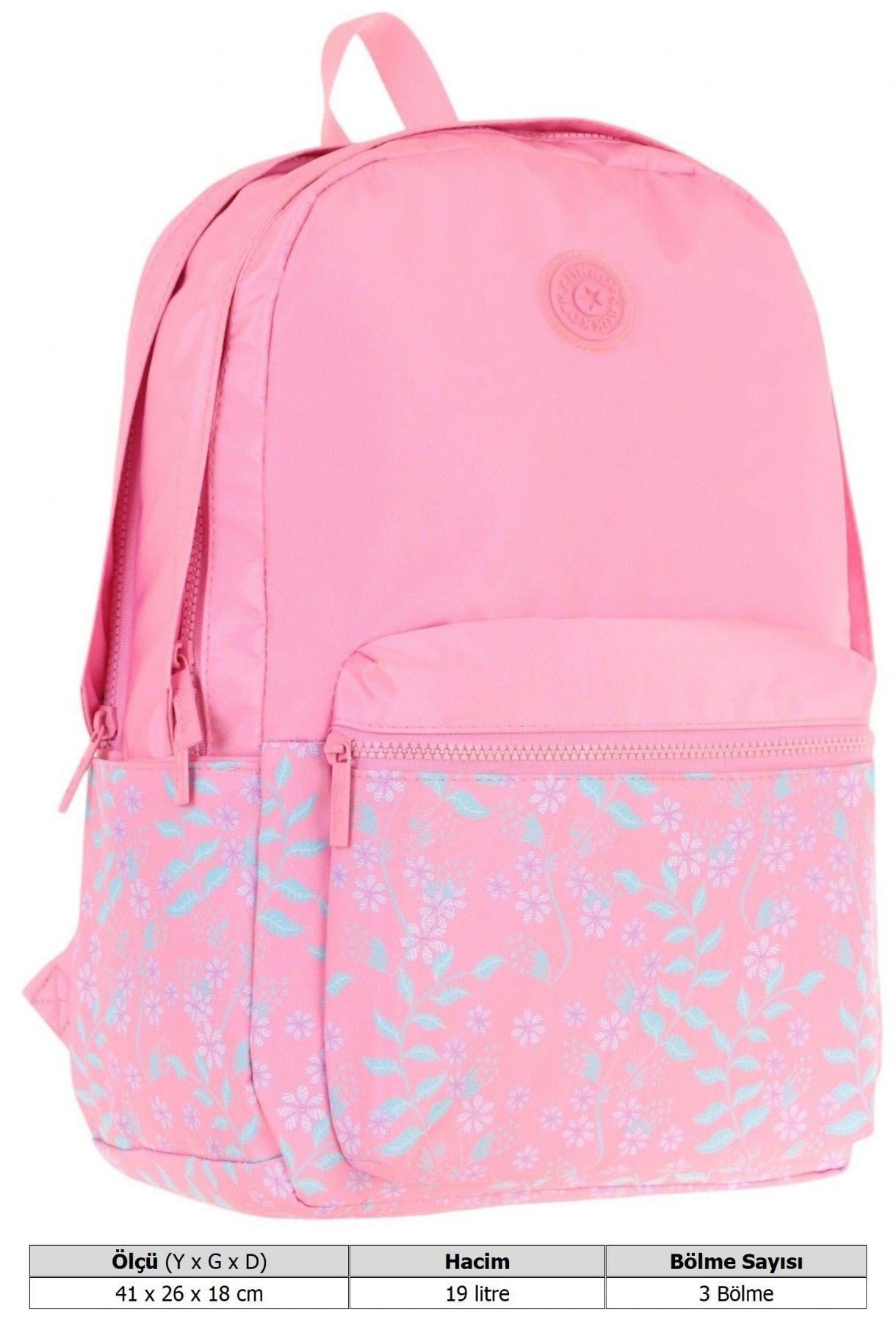 Kaukko Soft Floral Kız Çocuk Üç Bölmeli Pembe Çiçekli Okul Sırt Çantası - K1794