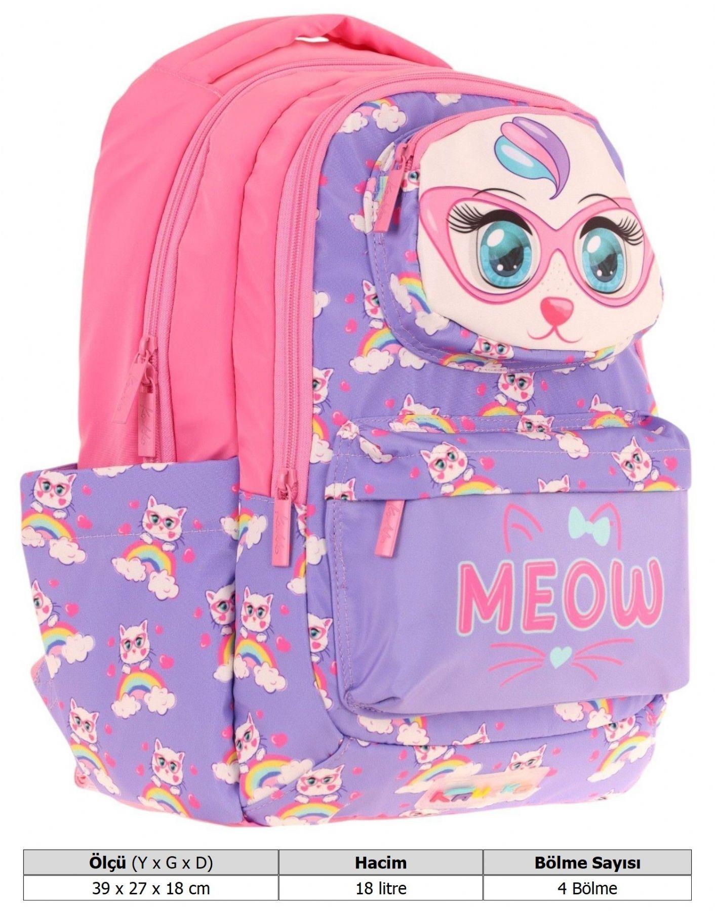 Kaukko Toys Kız Çocuk 3D Kedi Şekilli İlkokul ve Günlük Sırt Çantası - Mor Pembe - L5236