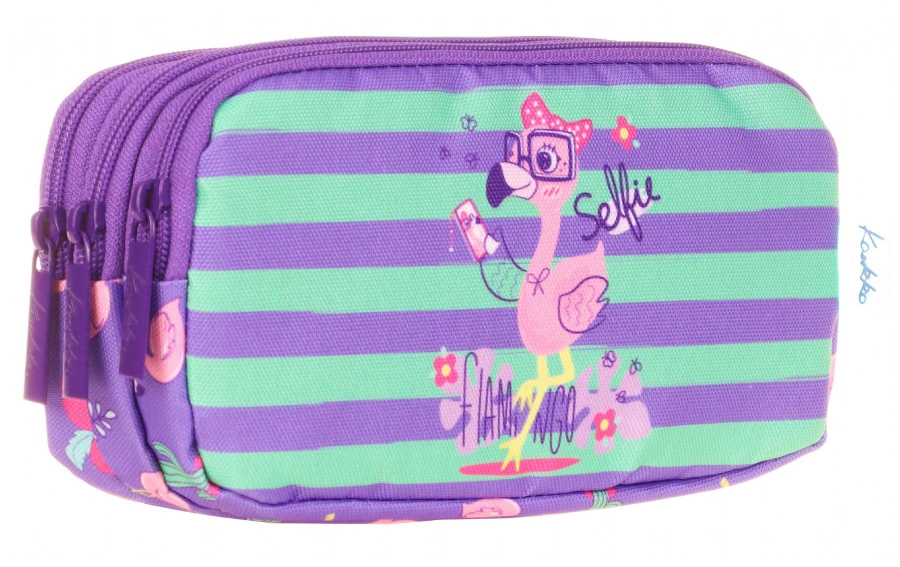 Kaukko Üç Bölmeli Mor Pembe Flamingo Kız Çocuk Kalem Çantası