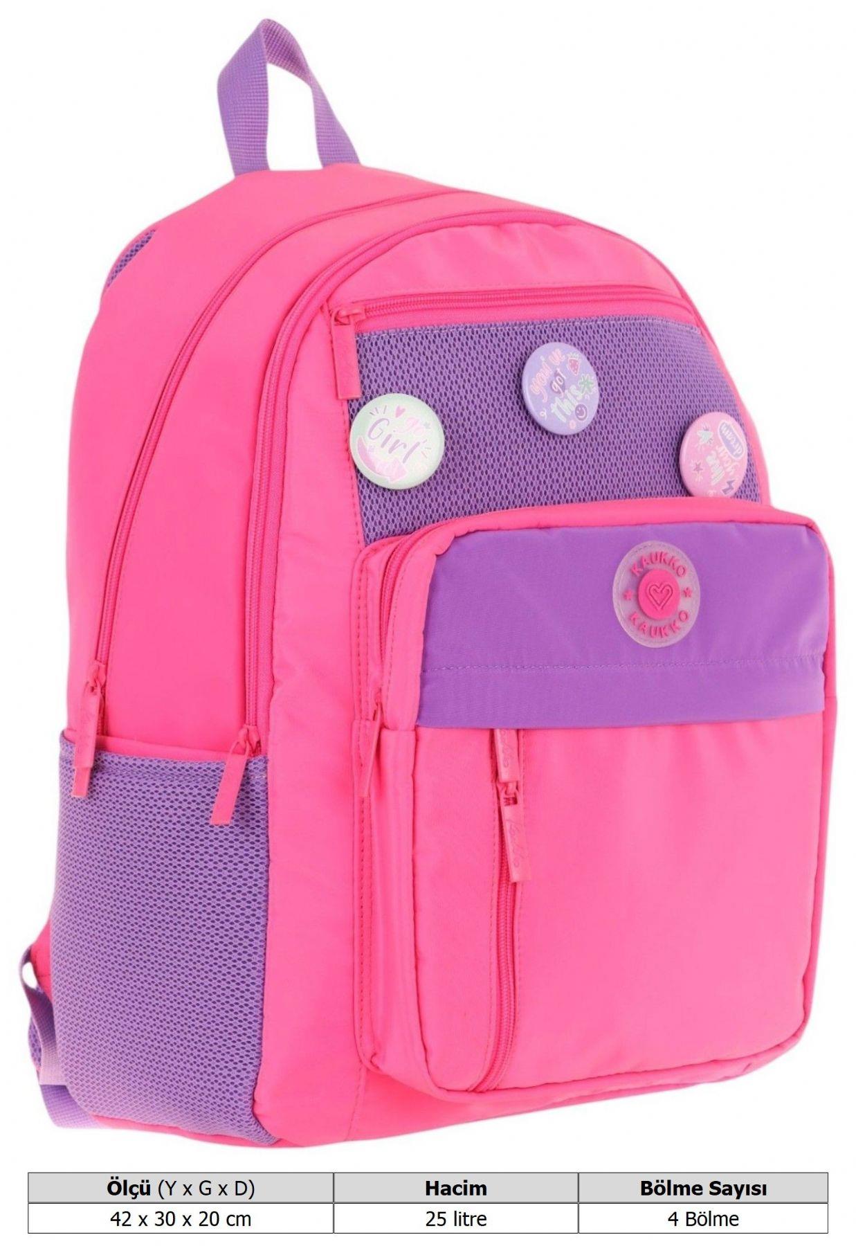 Kauko Holiday Kız Çocuk Altı Bölmeli Rozetli Okul Sırt Çantası - Pembe - K1830