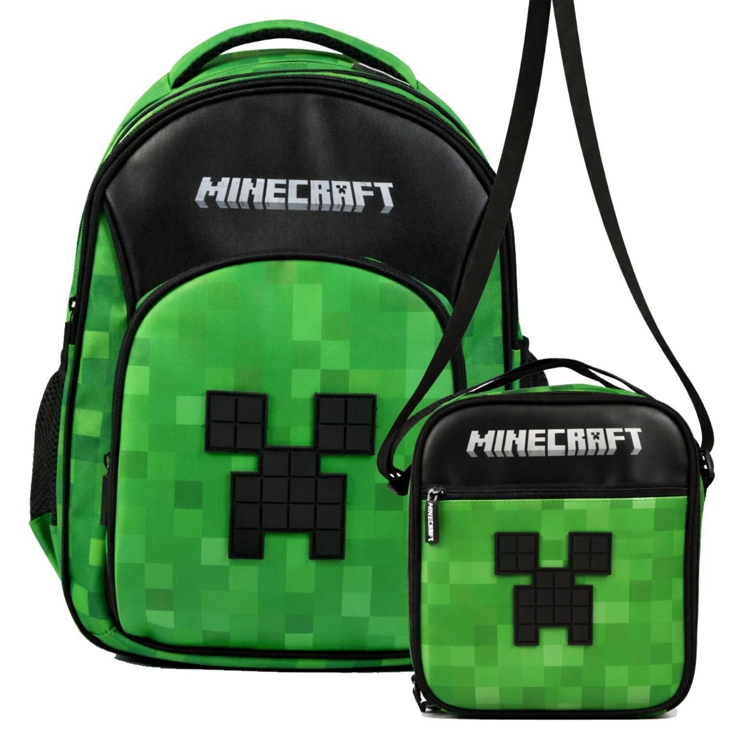 Minecraft Erkek Çocuk İlkokul Çantası ve Beslenme Çantası Seti (Minecraft Kabartmalı) Siyah - Yeşil - SETMC26609B