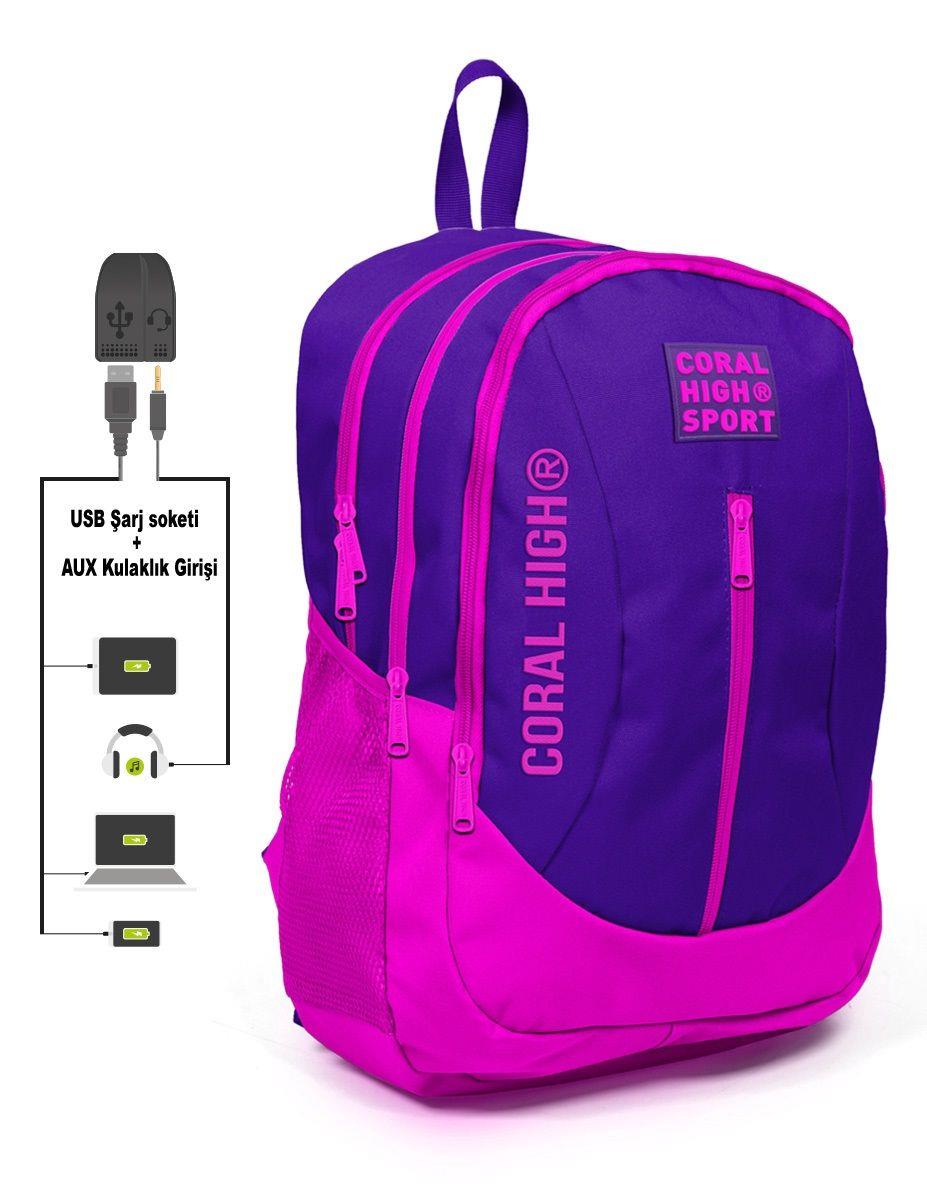 Pembe-Mor Okul ve Günlük Sırt Çantası - USB ve AUX Çıkışlı