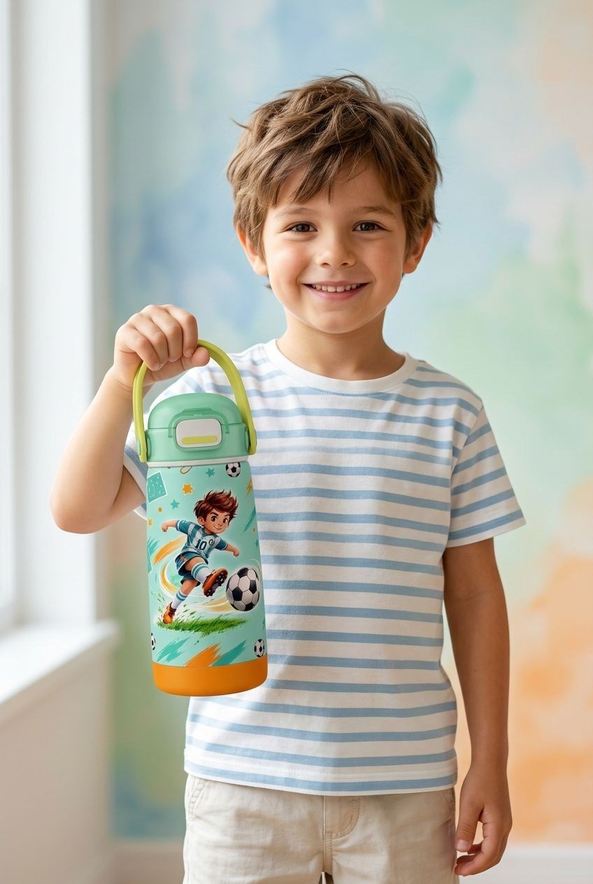 Puccon 420 ml Açık Yeşil Futbol Desenli Erkek Çocuk Okul Matarası Paslanmaz Çelik Termos - 60021
