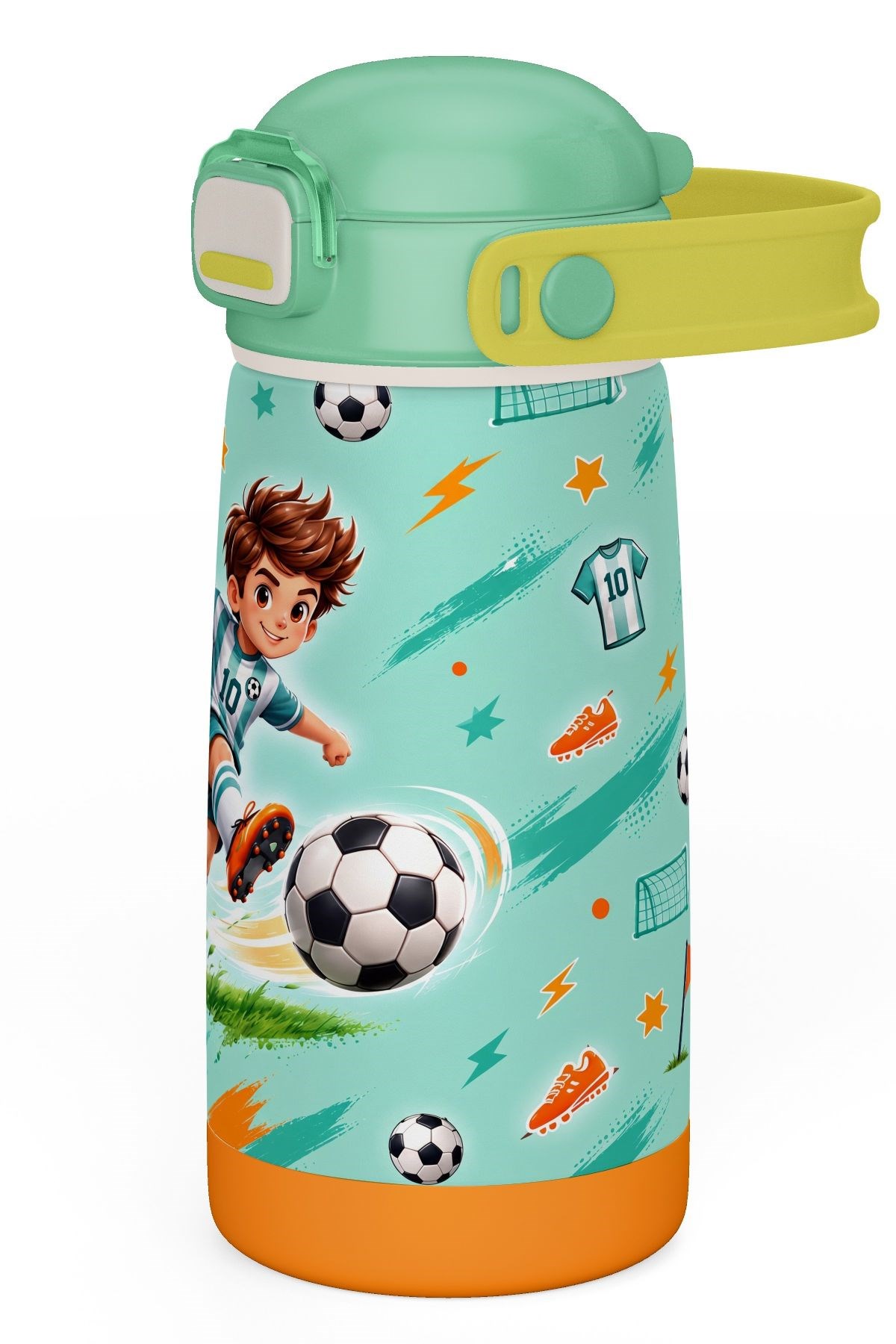 Puccon 420 ml Açık Yeşil Futbol Desenli Erkek Çocuk Okul Matarası Paslanmaz Çelik Termos - 60021