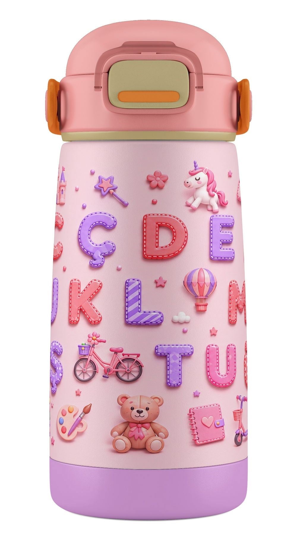 Puccon 420 ml Kız Çocuklar İçin Alfabe Harfler Baskılı Çelik Matara Termos Suluk - 60018