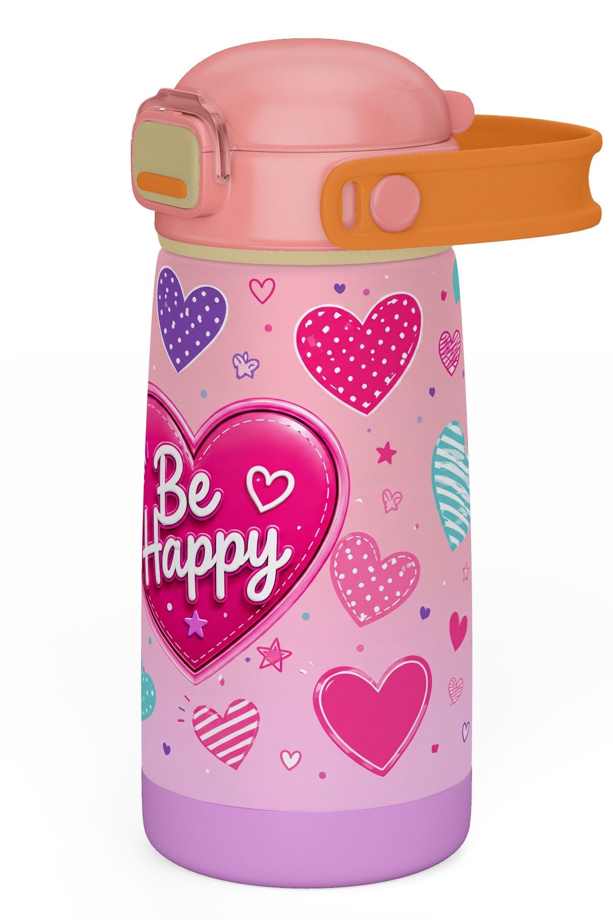 Puccon 420 ml Pembe Kalp Desenli Bey Happy Yazılı Kız Çocuk Çelik Okul Matarası - 60020