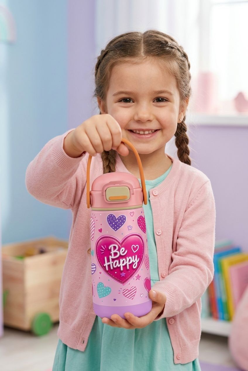 Puccon 420 ml Pembe Kalp Desenli Bey Happy Yazılı Kız Çocuk Çelik Okul Matarası - 60020