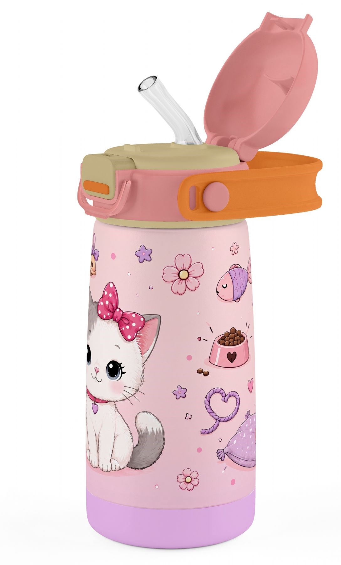 Puccon 420 ml Pembe Sevimli Kedi Baskılı Kız Çocuk İçin Paslanmaz Çelik Termos / Suluk - 60023