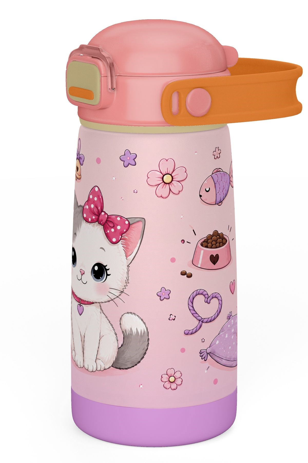 Puccon 420 ml Pembe Sevimli Kedi Baskılı Kız Çocuk İçin Paslanmaz Çelik Termos / Suluk - 60023