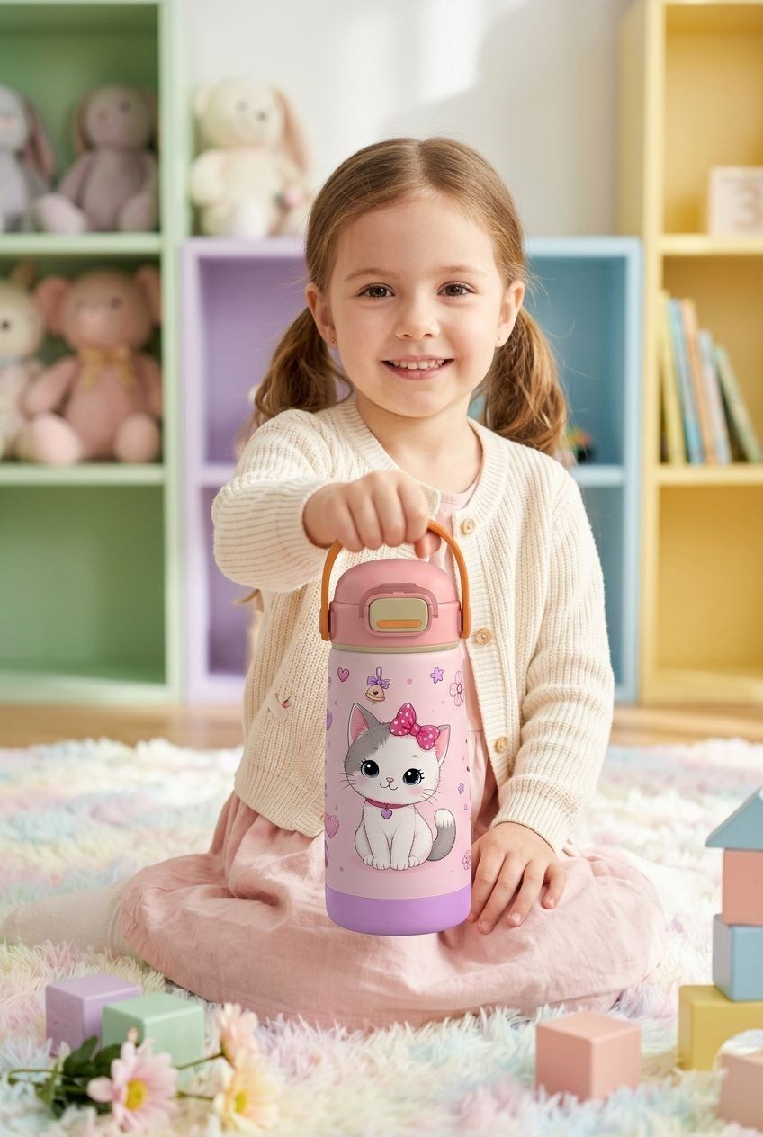 Puccon 420 ml Pembe Sevimli Kedi Baskılı Kız Çocuk İçin Paslanmaz Çelik Termos / Suluk - 60023