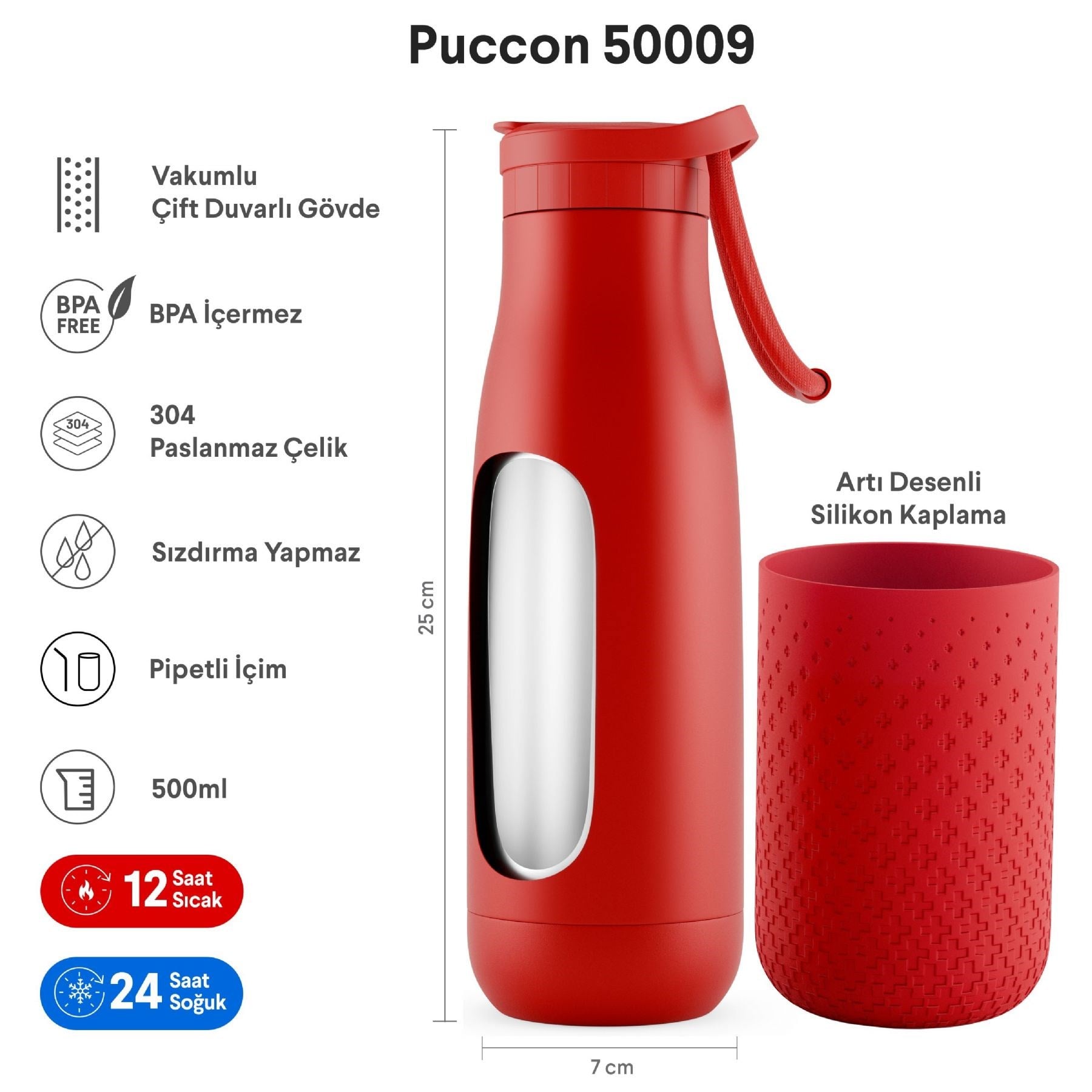 Puccon 500 ml Pipetli Kırmızı Çelik Matara/Termos - Silikon Gövdeli (Plus)- 50009