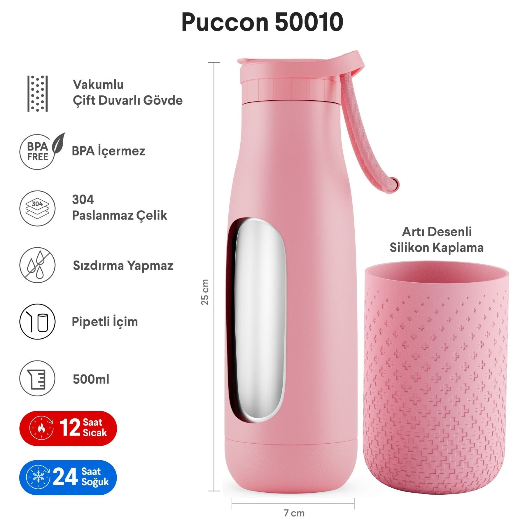 Puccon 500 ml Pipetli Pembe Çelik Matara/Termos - Silikon Gövdeli (Plus) - 50010