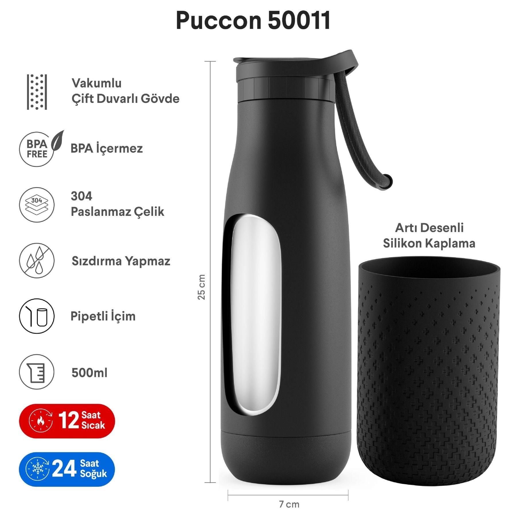 Puccon 500 ml Pipetli Siyah Çelik Matara/Termos - Silikon Gövdeli (Plus) - 50011