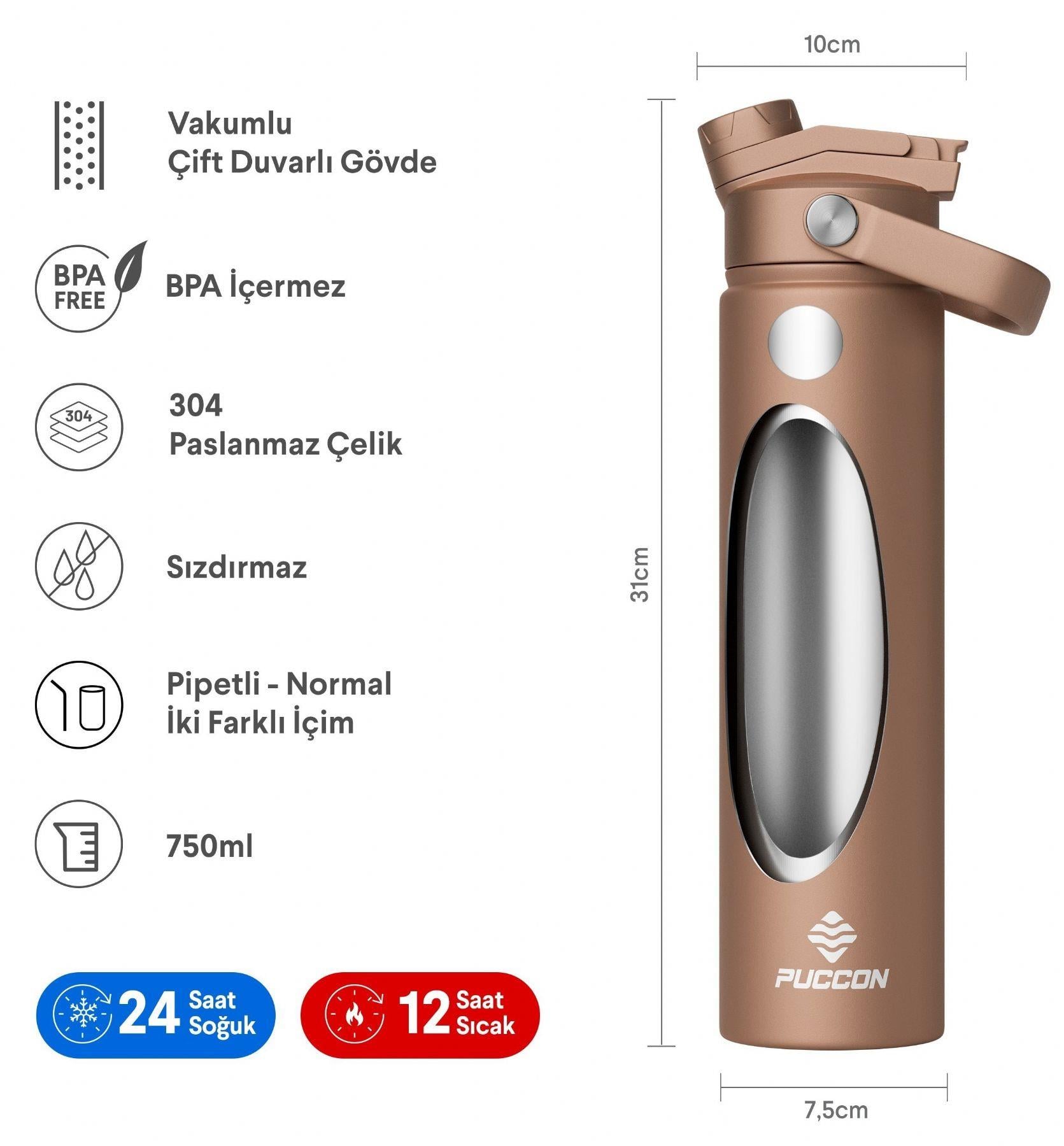 Puccon 750 ml Kahverengi Paslanmaz Çelik Termos/Matara/Suluk
