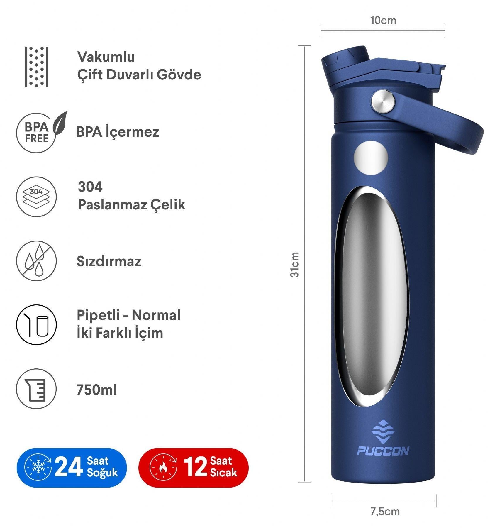 Puccon 750 ml Lacivert Paslanmaz Çelik Termos/Matara/Suluk