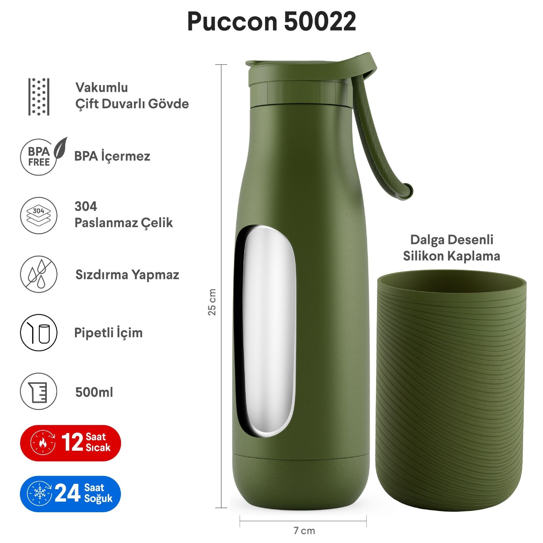 Puccon Haki 500 ml Paslanmaz Çelik Termos - Silikon Kaplı (Dalga) Okul, Günlük, Kamp - 50022