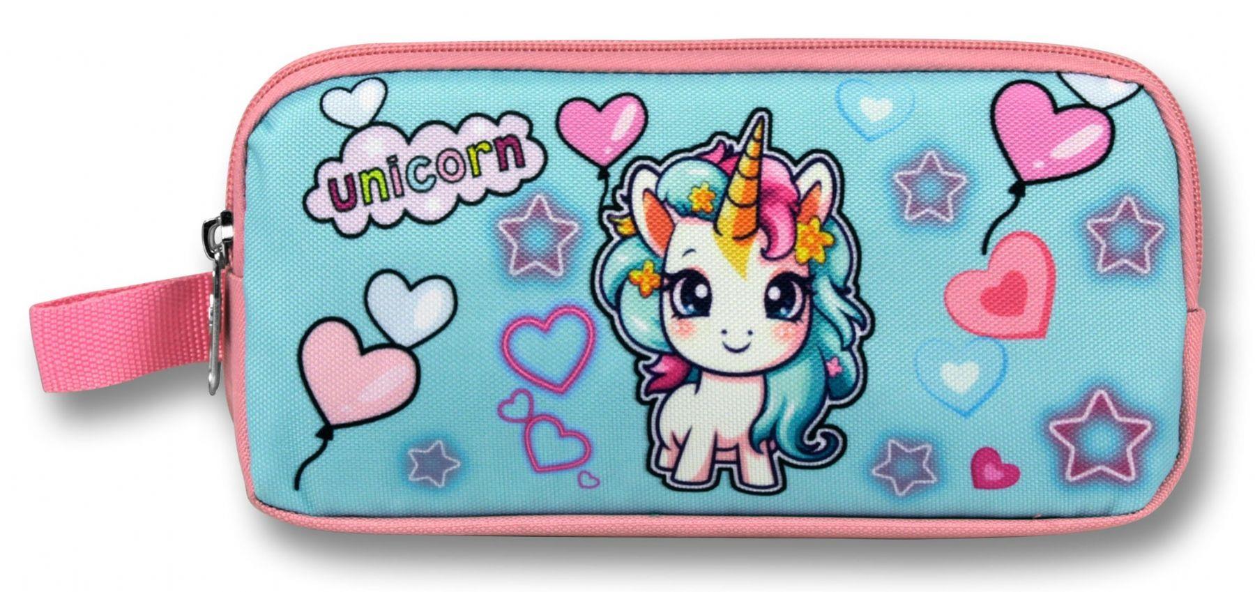 Ümit Çanta Kız Çocuklar İçin İki Bölmeli Bebek Unicorn Baskılı Kalemlik - Pembe Turkuaz - 5050