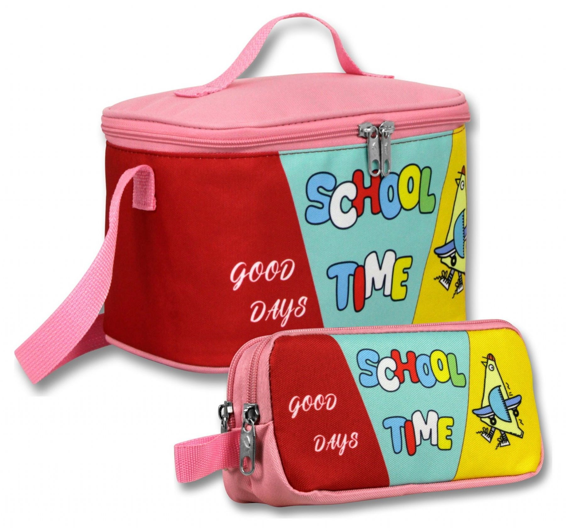 Ümit Çanta Yalıtımlı Beslenme Çantası ve Kalemlik Seti (Pembe - Yeşil) Kız Çocuk School Time Baskılı SETUMT6070