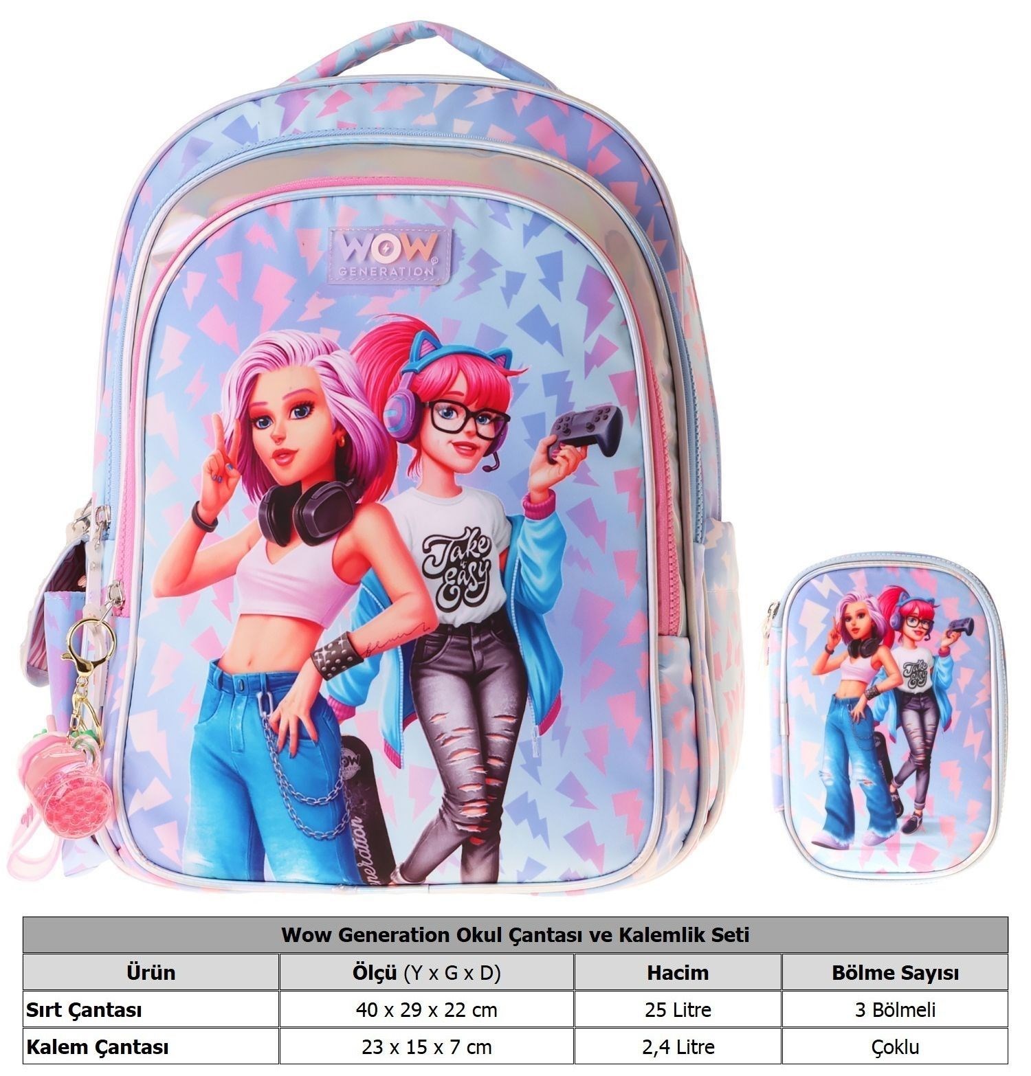 Wow Generation Cool Kız Çocuk (Mavi - Pembe) İlkokul Okul Çantası ve Kalemlik Seti - SETWG-W6039C