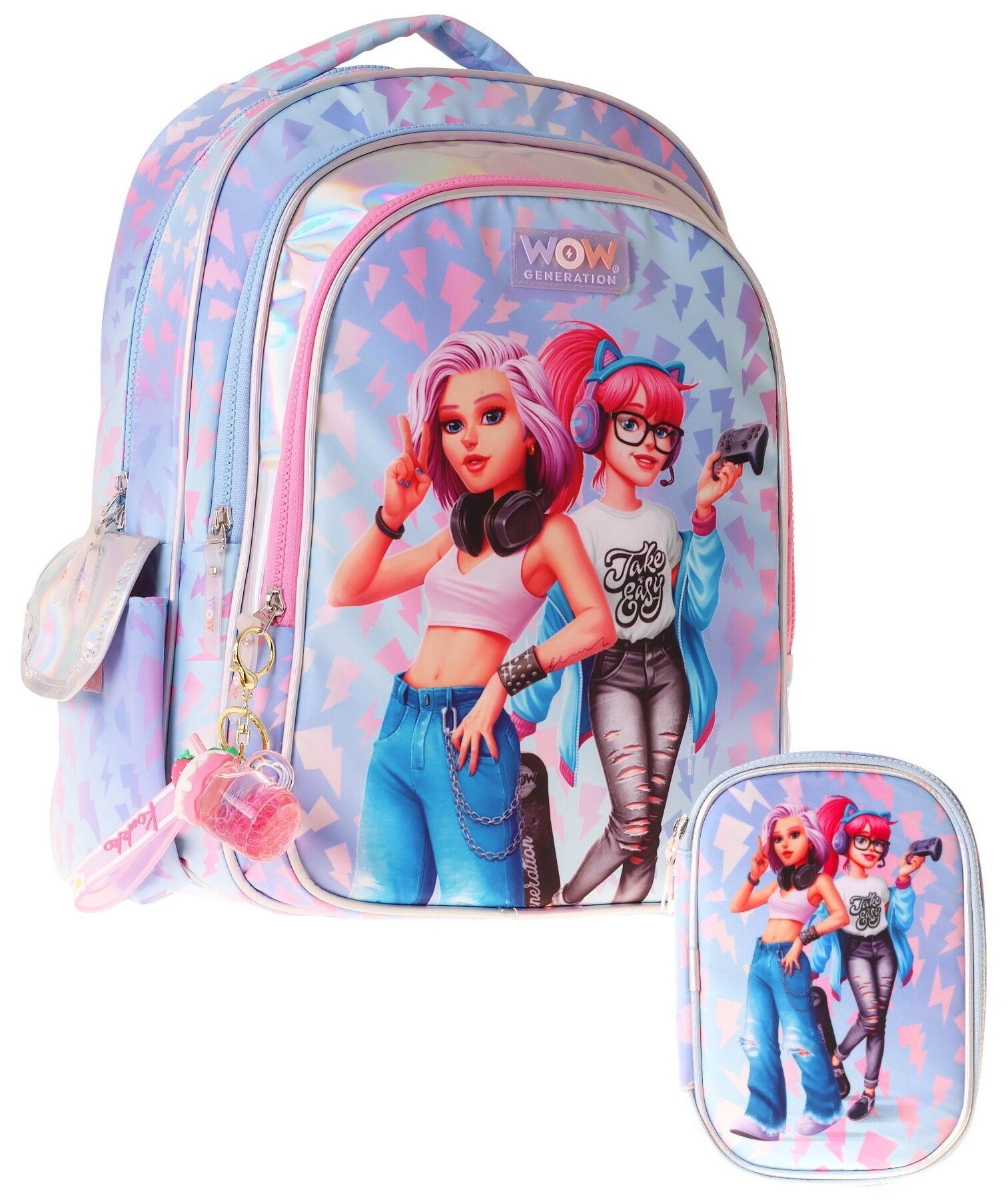 Wow Generation Cool Kız Çocuk (Mavi - Pembe) İlkokul Okul Çantası ve Kalemlik Seti - SETWG-W6039C