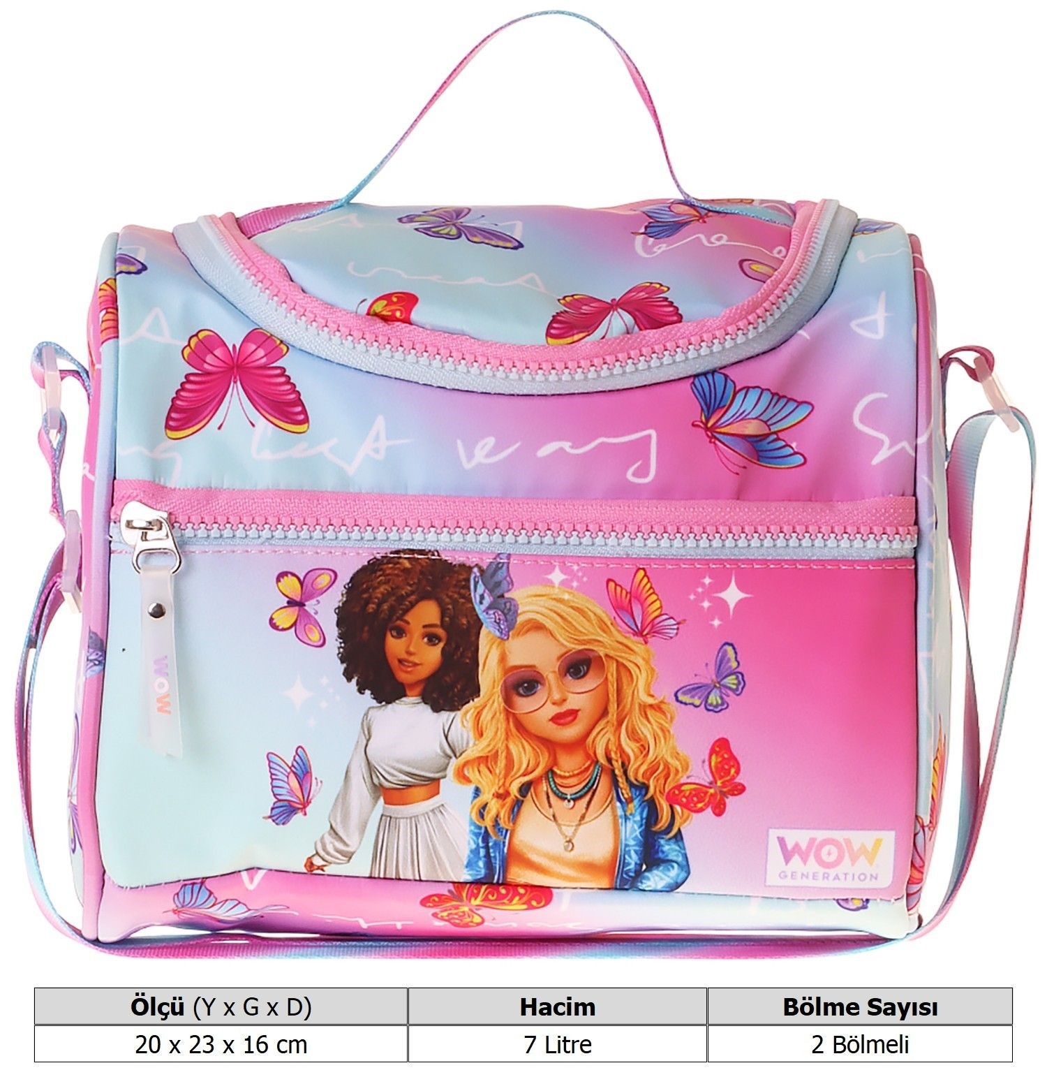 Wow Generation Kız Çocuk Butterfly Baskılı Isı Yalıtımlı Okul Beslenme Çantası (Turkuaz - Pembe) - W6076