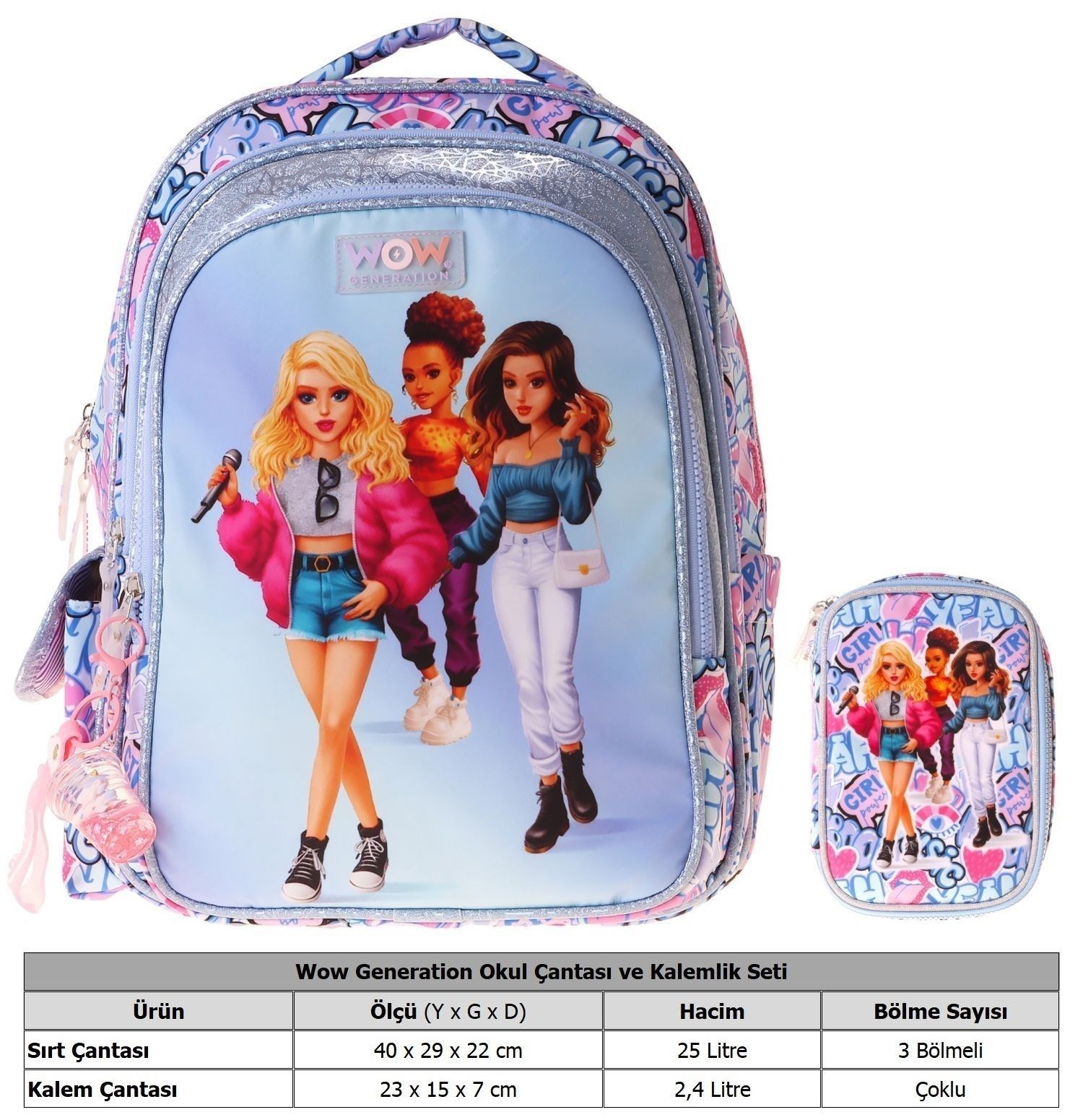 Wow Generation Music Kız Çocuk (Lila) İlkokul Okul Çantası ve Kalemlik Seti - SETWG-W6044C