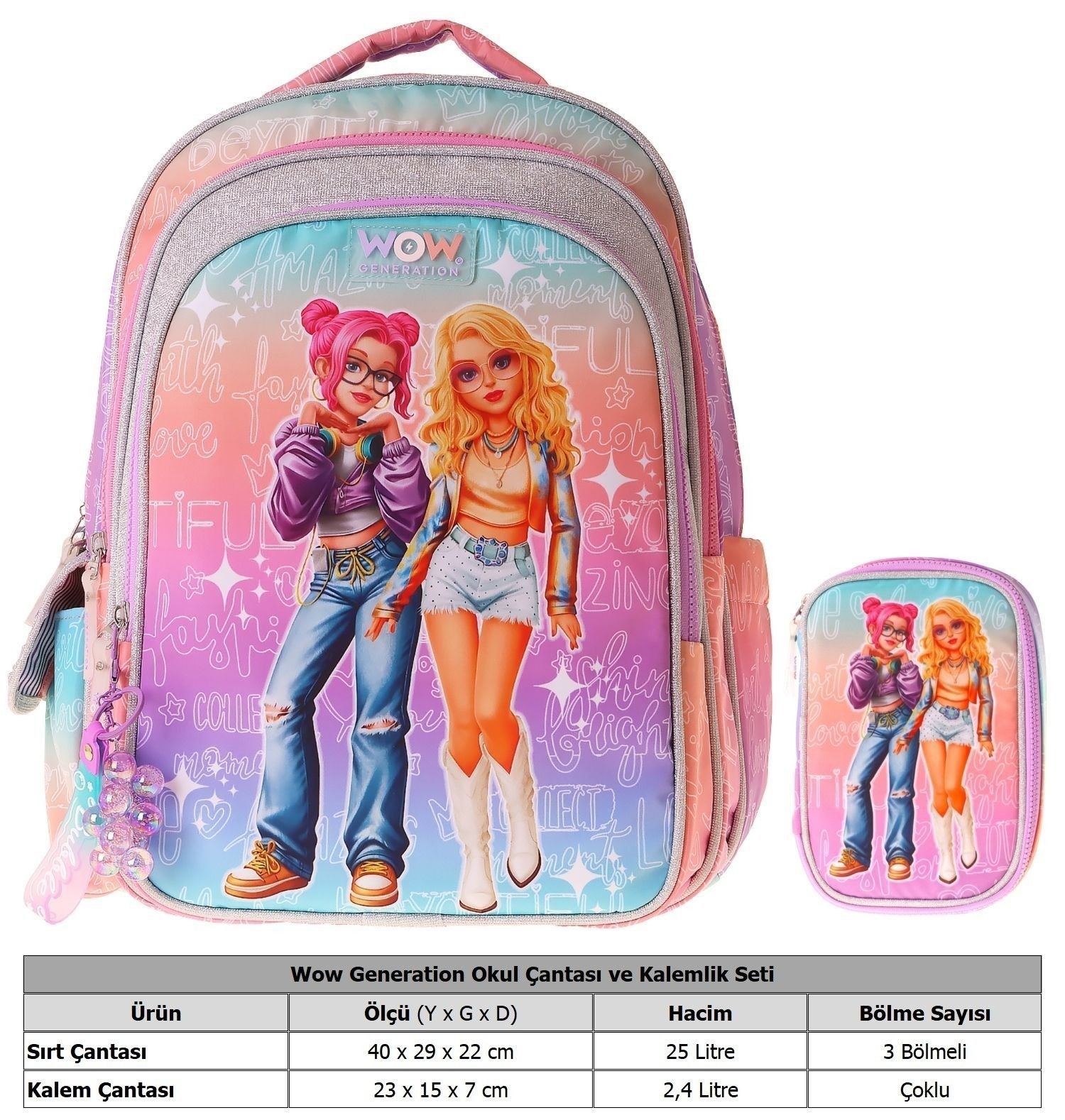 Wow Generation Star Kız Çocuk (Pembe - Mor) İlkokul Okul Çantası ve Kalemlik Seti - SETWG-W6033C