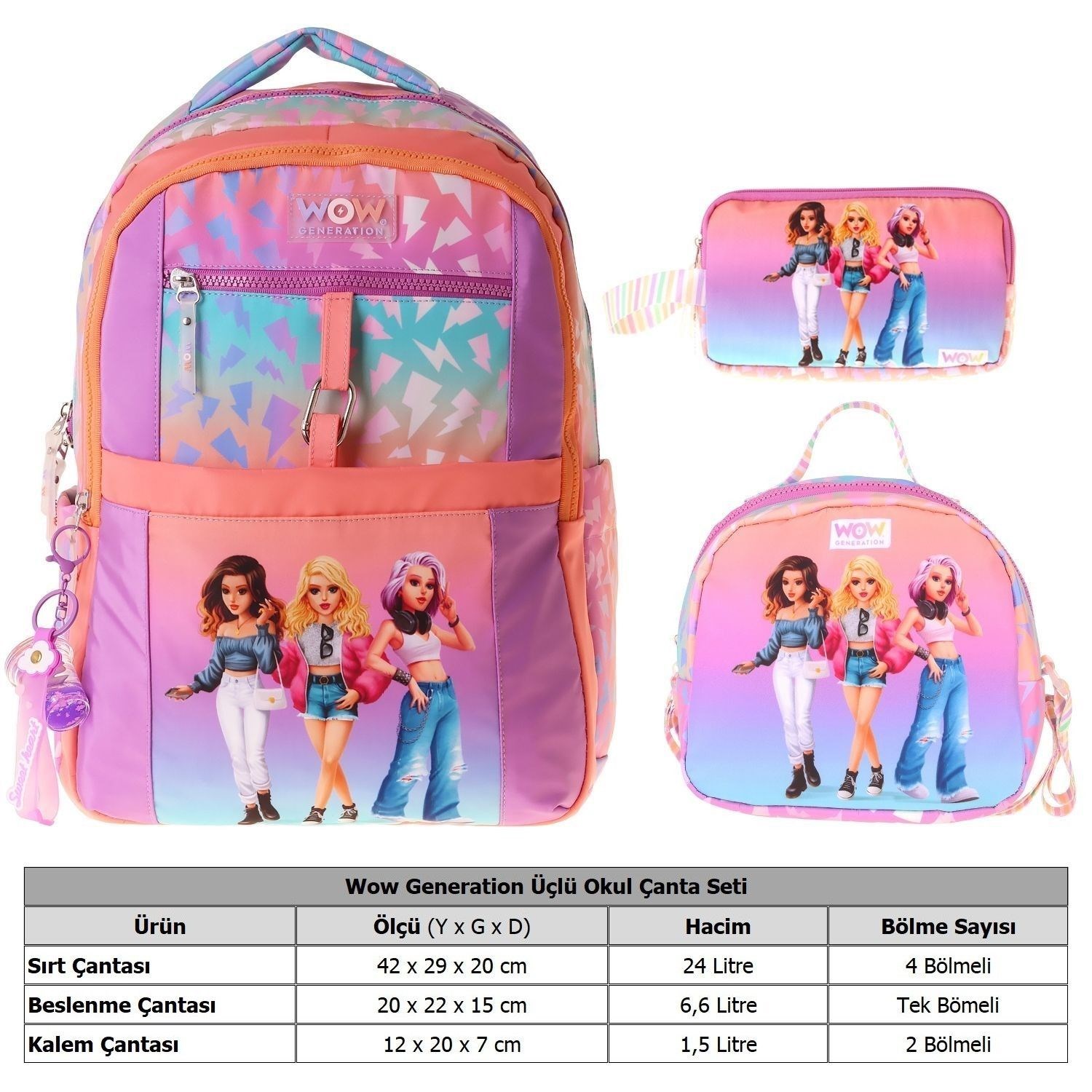 Wow Generation Üçlü İlkokul Okul Çanta Seti - Turuncu - Mor - Shine Baskılı - Kız Çocuk - SETWG-W6090A