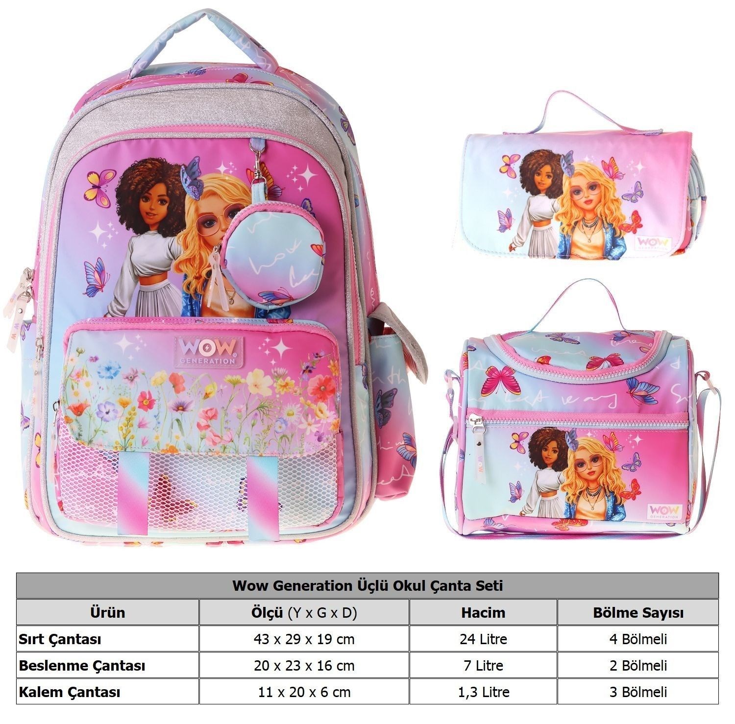 Wow Generation Üçlü İlkokul Okul Çanta Seti - Turkuaz - Pembe - Butterfly Baskılı - Kız Çocuk - SETWG-W6074A