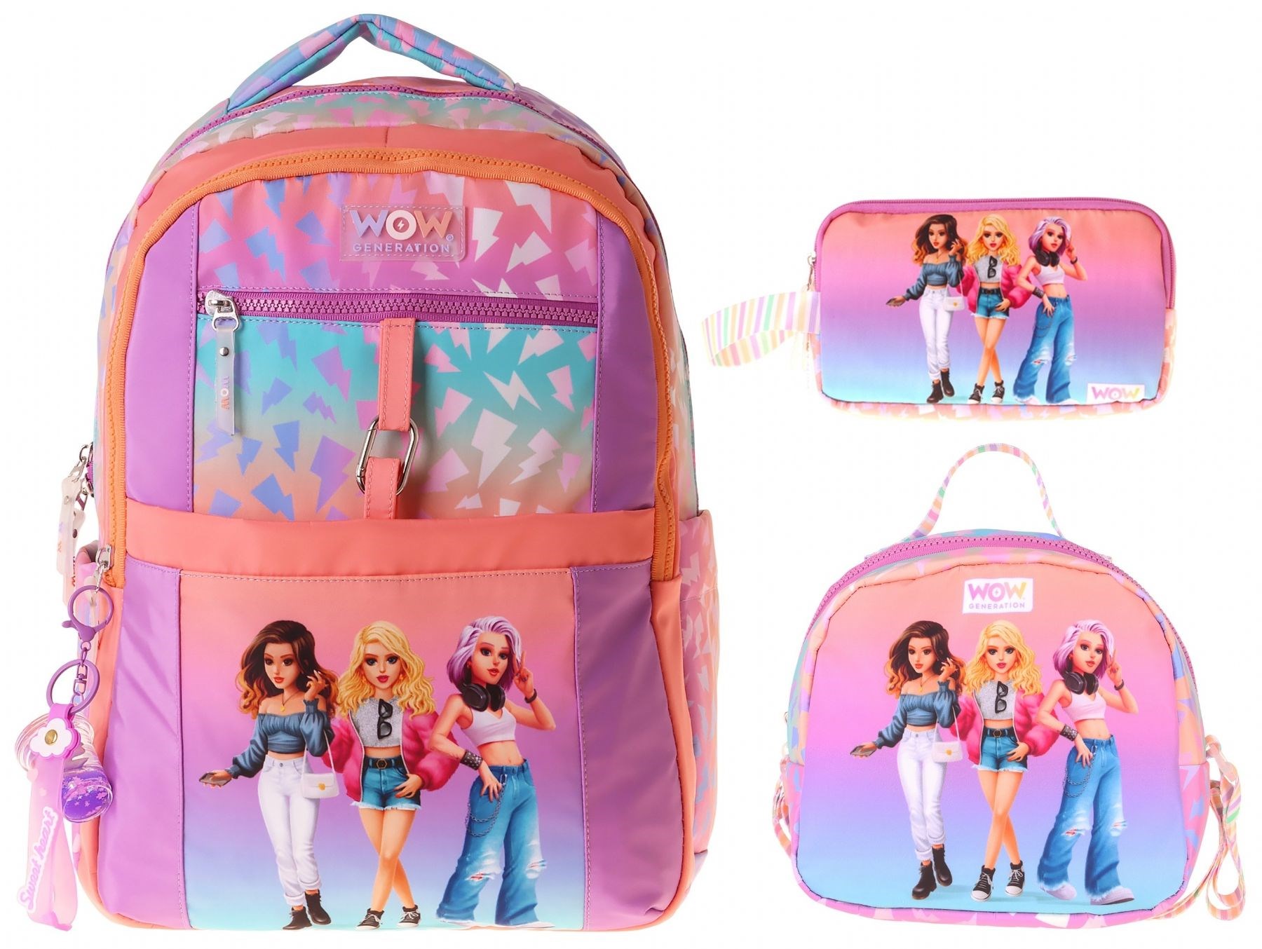 Wow Generation Üçlü İlkokul Okul Çanta Seti - Turuncu - Mor - Shine Baskılı - Kız Çocuk - SETWG-W6090A