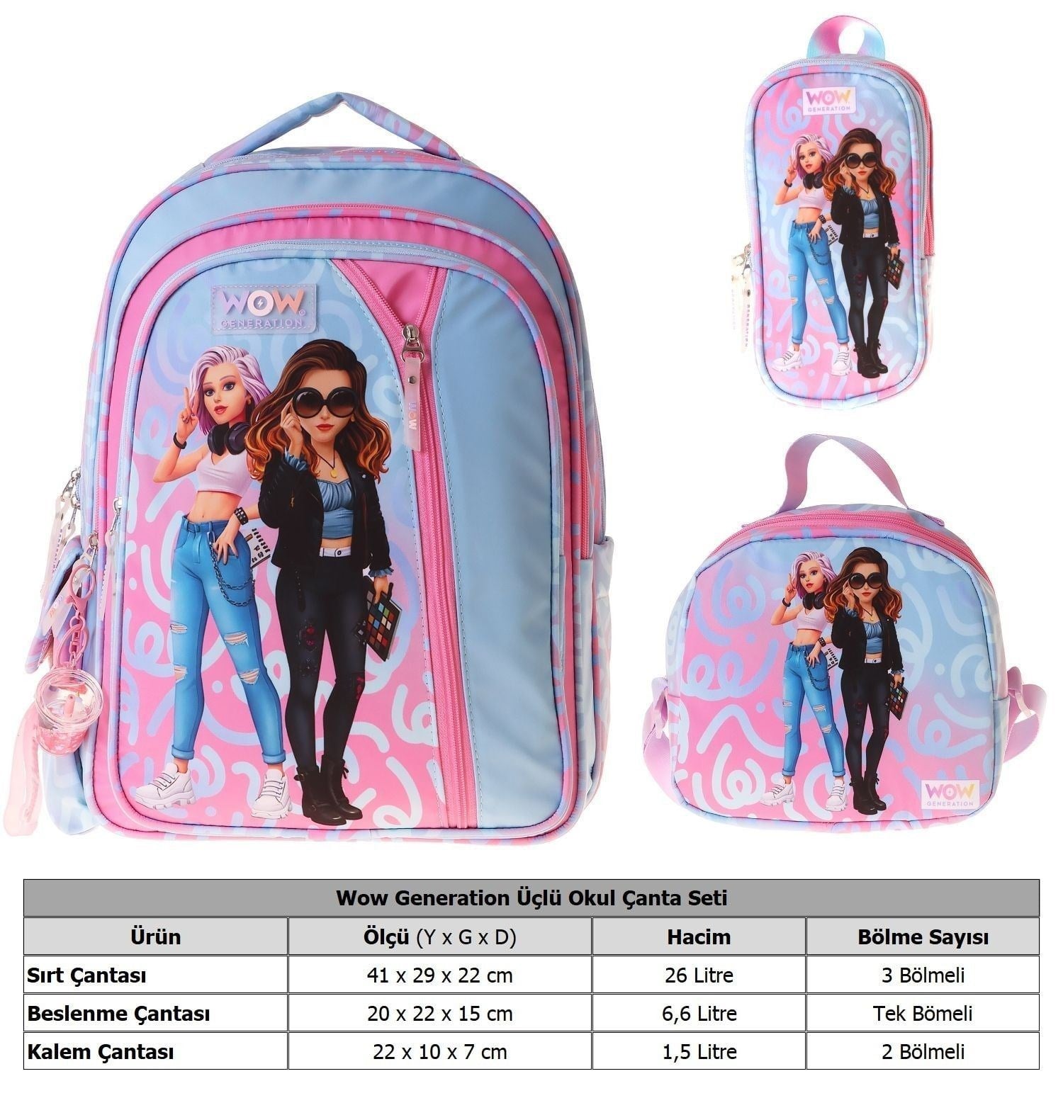 Wow Generation Üçlü İlkokul Okul Çanta Seti - Pembe - Turkuaz - Wonderful Baskılı - Kız Çocuk - SETWG-W6069A