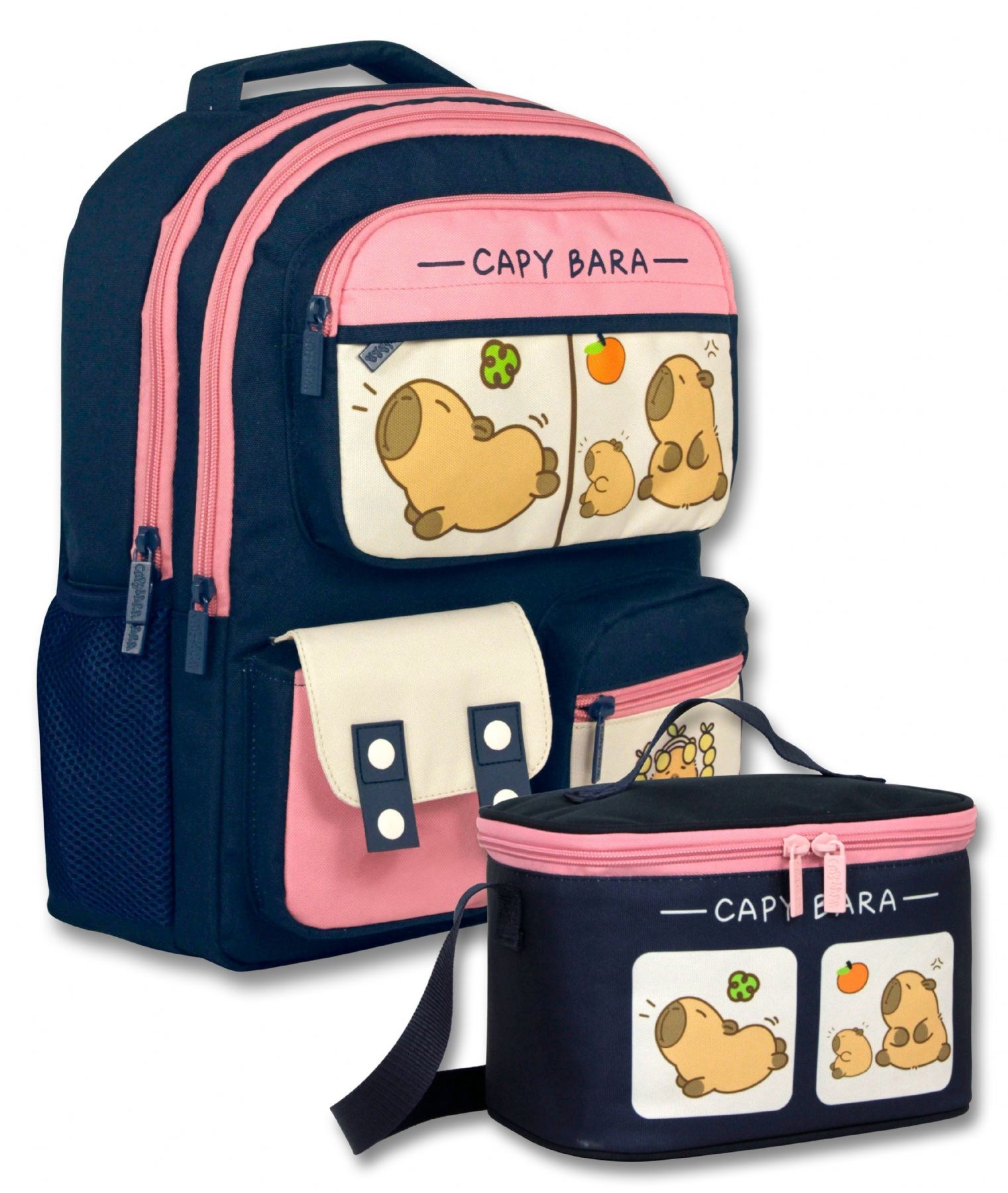 Capybara Kız Çocuk Çok Cepli Okul Çantası+Beslenme Çantası Seti - SETCPB6212B