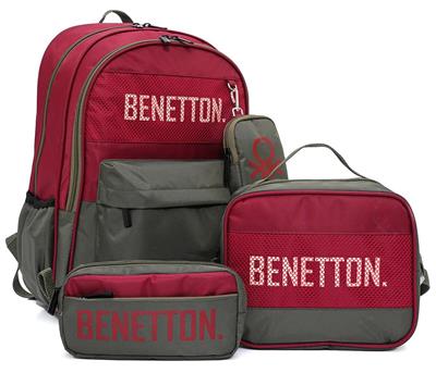 Benetton Bordo Haki Üçlü Erkek Çocuk Okul Çanta Seti - 21031