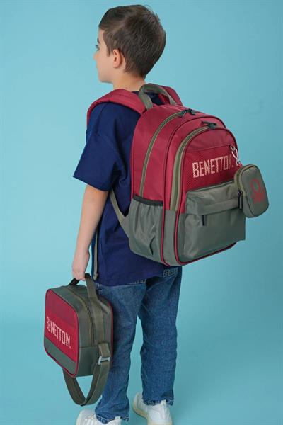Benetton Bordo Haki Üçlü Erkek Çocuk Okul Çanta Seti - 21031