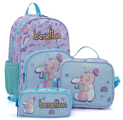 Benetton Turkuaz Mor Tavşan Baskılı Kız Çocuk Okul Çanta Seti 21033