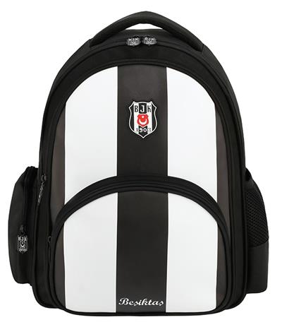 Beşiktaş Çubuklu Desenli Siyah Beyaz Suni Deri Okul Çantası - Üç Bölmeli - 25356