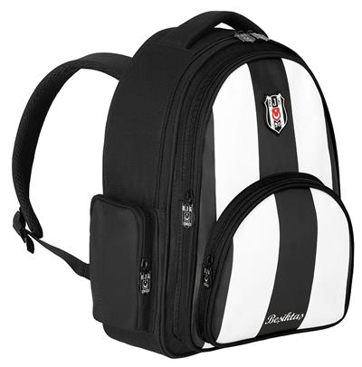 Beşiktaş Çubuklu Desenli Siyah Beyaz Suni Deri Okul Çantası - Üç Bölmeli - 25356