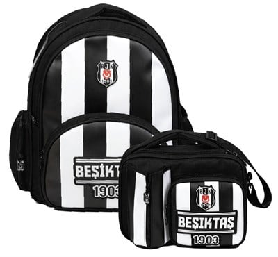 Beşiktaş Erkek Çocuk İlkokul Çantası ve Beslenme Çantası Seti (Beşiktaş 1903 Baskılı) Siyah - Beyaz - SETBJK26357B