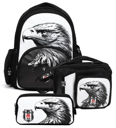 Beşiktaş Erkek Çocuk Üçlü İlkokul Okul Çanta Seti - Kartal Baskılı (Beyaz - Siyah) - SETBJK26361A