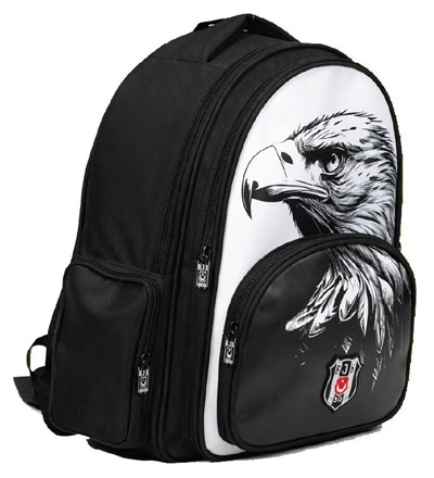 Beşiktaş Üç Bölmeli Erkek Çocuk Kartal Baskılı Beyaz - Siyah Okul Sırt Çantası - 26361