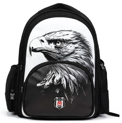 Beşiktaş Üç Bölmeli Erkek Çocuk Kartal Baskılı Beyaz - Siyah Okul Sırt Çantası - 26361