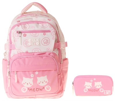 CalaCilo Cat Kız Çocuk Kedi Baskılı Okul Sırt Çantası ve Kalemlik Seti - SETCC-C4038C