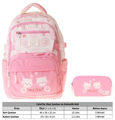 CalaCilo Cat Kız Çocuk Kedi Baskılı Okul Sırt Çantası ve Kalemlik Seti - SETCC-C4038C