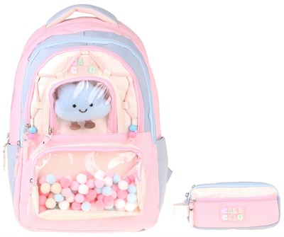 CalaCilo Cloudy Kız Çocuk Cloudy Pembe Mavi Renkli Okul Sırt Çantası ve Kalemlik Seti - SETCC-C4086C