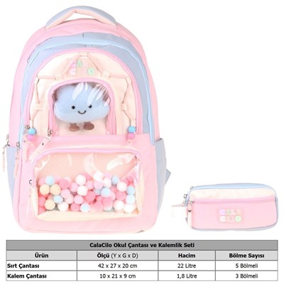 CalaCilo Cloudy Kız Çocuk Cloudy Pembe Mavi Renkli Okul Sırt Çantası ve Kalemlik Seti - SETCC-C4086C
