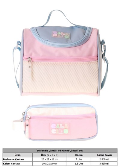 CalaCilo Cloudy Pembe Mavi Renkli Kız Çocuk Pembe - Mavi Renk Beslenme Çantası ve Kalemlik Seti - SETCC-C4087