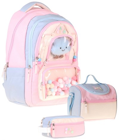 CalaCilo Cloudy Pembe Mavi Renkli Pembe - Mavi Kız Çocuk Üçlü İlkokul Okul Çantası Seti - SETCC-C4086A