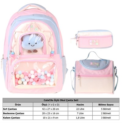 CalaCilo Cloudy Pembe Mavi Renkli Pembe - Mavi Kız Çocuk Üçlü İlkokul Okul Çantası Seti - SETCC-C4086A