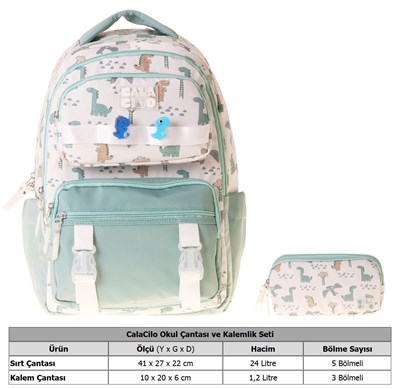 CalaCilo Dino Erkek Çocuk Dinazor Baskılı Okul Sırt Çantası ve Kalemlik Seti - SETCC-C4056C
