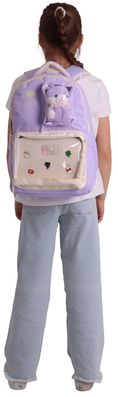 CalaCilo Dört Bölmeli Peluşlu K-Pop Lilac Peluş Ayı Aksesuarlı Lila Kız Çocuk İlkokul Sırt Çantası - C4104